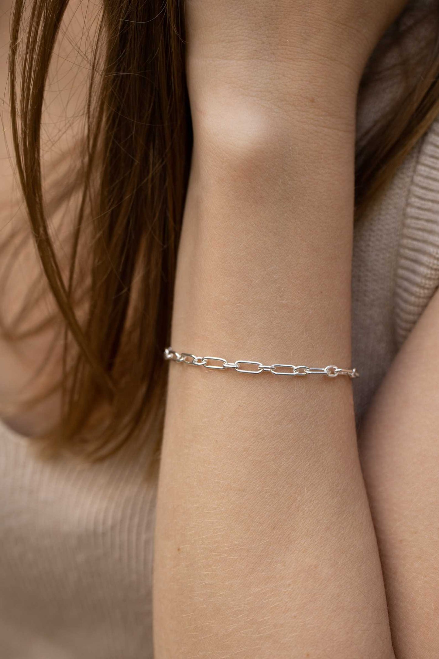 Elongated Oval Link Silver Bracelet For Women